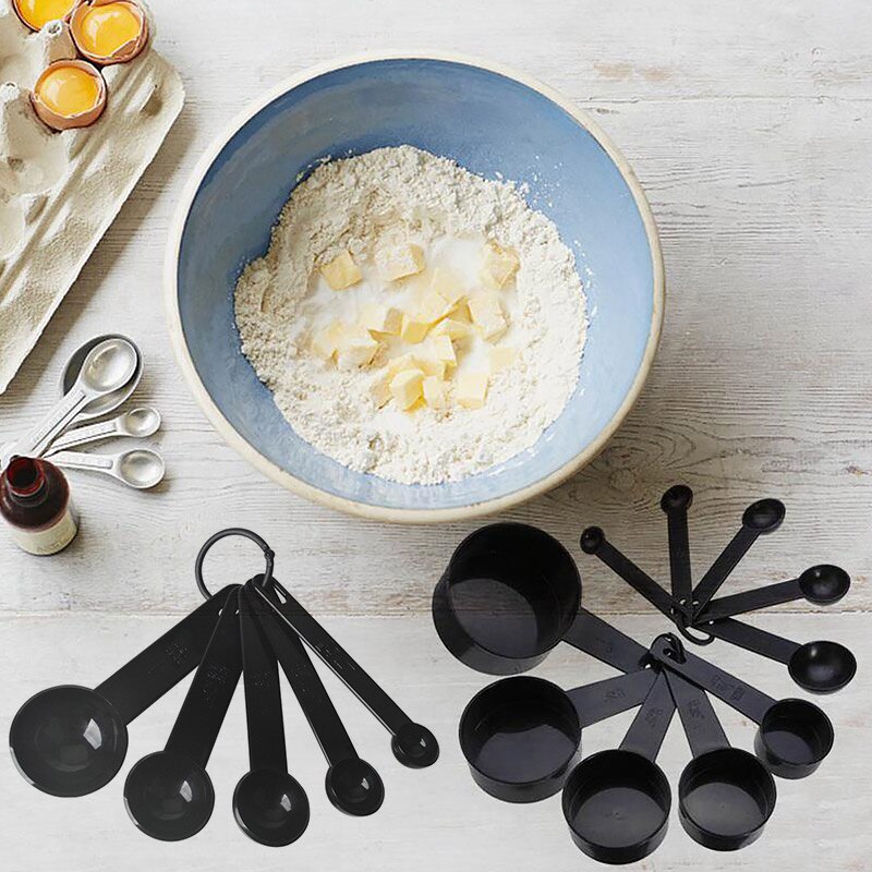 10 Uds./5 uds. Tazas medidoras de plástico negro cuchara medidora herramientas de cocina Mini cucharas para hornear café té cocina Gadgets