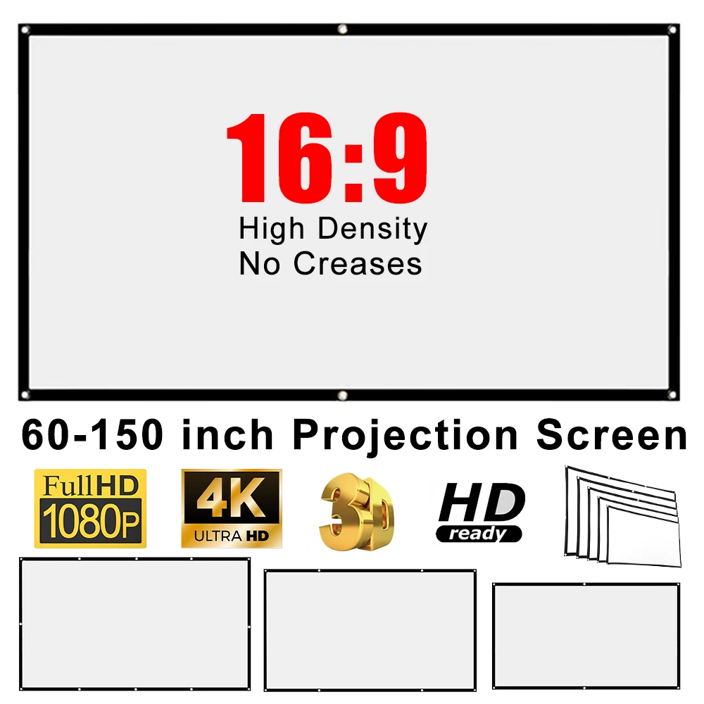 60-150 inch Foldable 16:9 Projector Screen Portable High Density White No Creases Soft Home Movie Theater HD Projection Screen