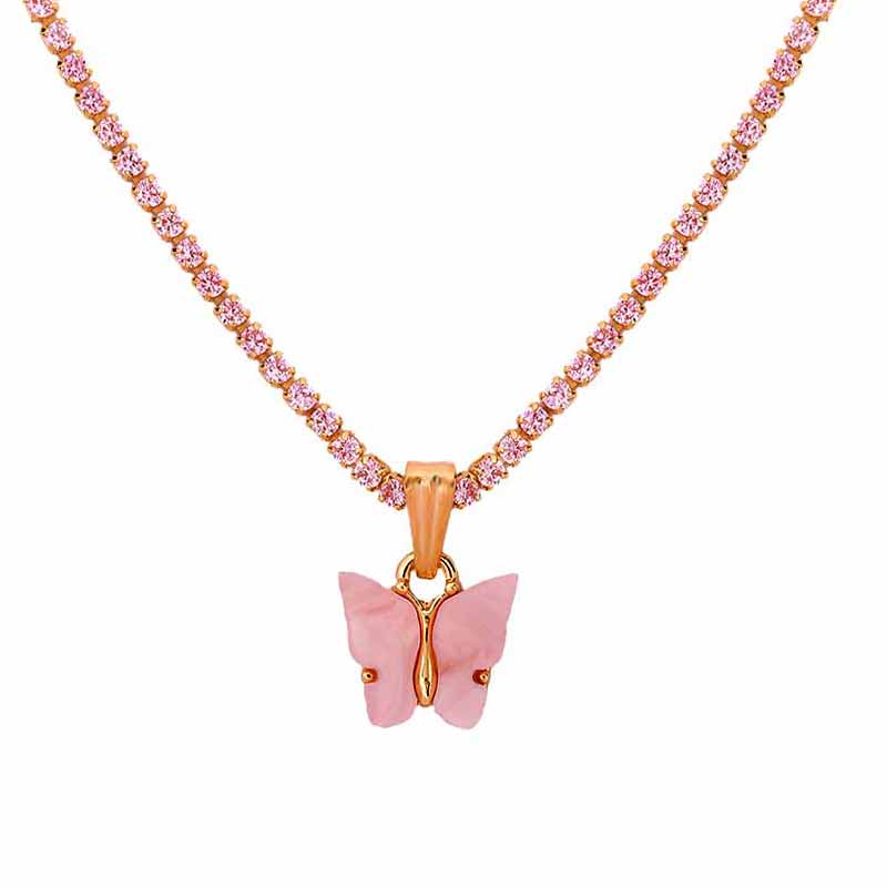 Trendy 2mm AAA Zircon Tennis Chain Necklace For Women Blue Pink Butterfly Pendant Necklace Hip hop Rock Jewelry: 031901PK