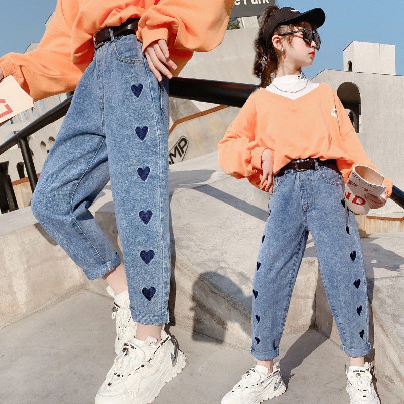 Pantalones vaqueros con patrón de corazón para niñas, ropa para niños, 4, 5, 6, 7, 8, 9, 10, 11, 12 años