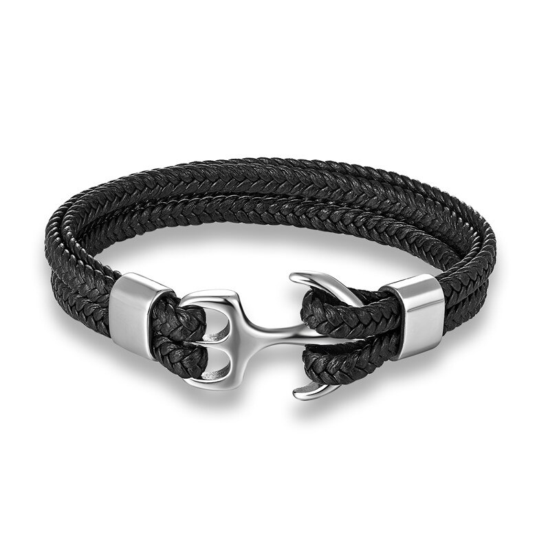 Mkendn Mode Lederen Armband Voor Mannen Black Braid Multilayer Touw Ketting Rvs Anker Mannelijke Sieraden Pulseras: Silver black / 23cm