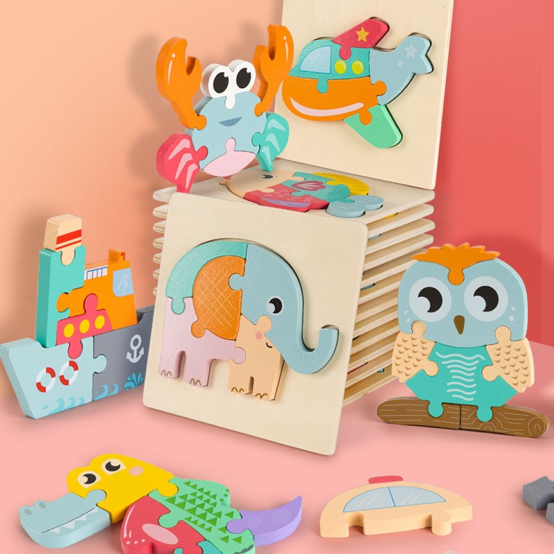 Wooden 3D Puzzles Kids Educational Montessori Toys Wood Cartoon Animals Early Learning Cognition Jigsaw Puzzles Board Girls Boys