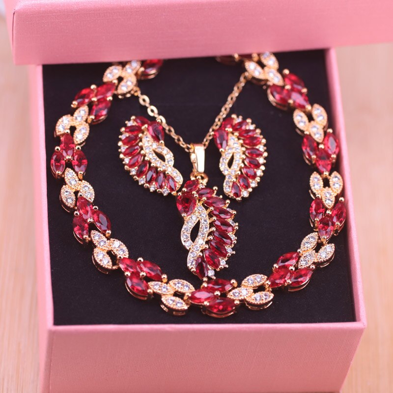 Risenj Vele Kleuren Rood Stone Marquise Goud Kleur Sieraden Set Oorbellen Ketting Set Met Armband Set Bruids Sieraden: red