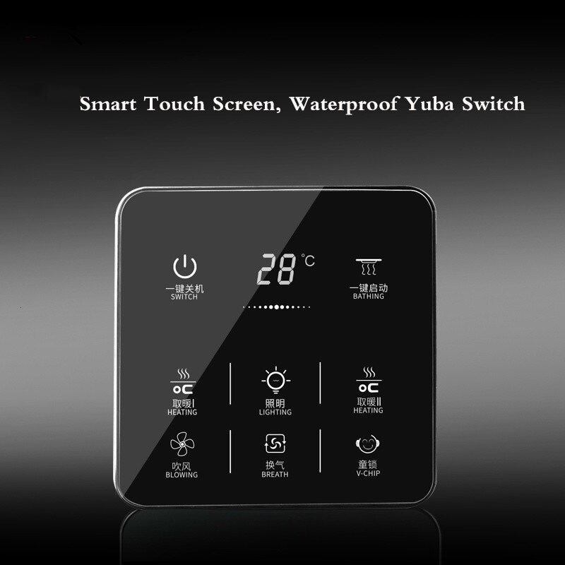 6 In 1 English menu Multifunction Smart Touch Yuba Switch Socket 6 Gang Bathroom Universal Waterproof Smart Touch Screen 86*86mm
