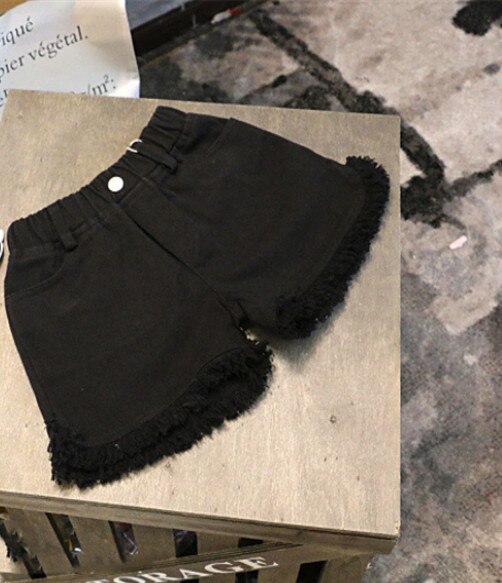 Nouveaux vêtements d'été pour les filles gland bébé fille Denim Shorts enfants jean pantalons enfants blanc noir: Black / 7