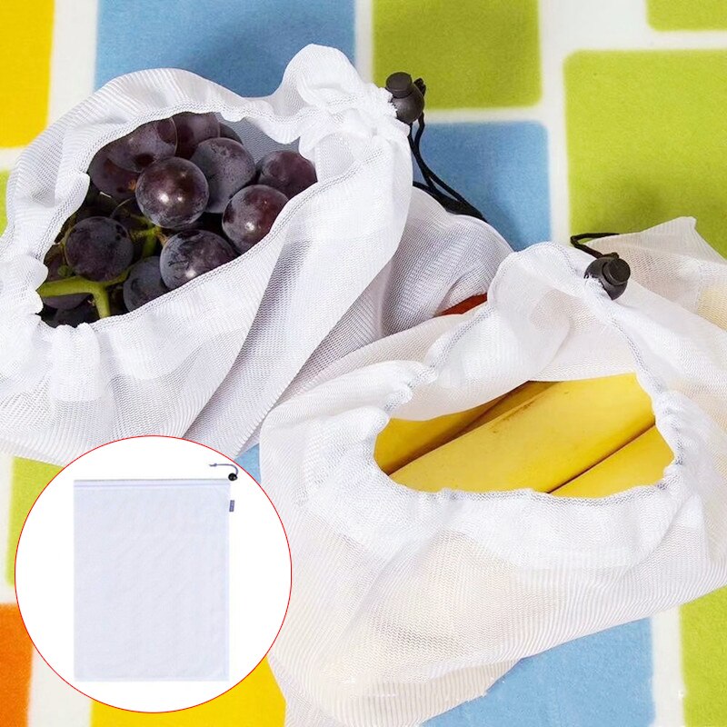 Herbruikbare Polyester Fruit Groente Zakken Met Trekkoord Thuis Keuken Opslag Mesh Zakken Machine Wasbaar