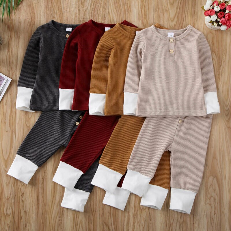 0-24M Newborn Clothes Outfits Toddler Baby Girl Boy Solid Color T-Shirt Tops Leggings Pants Knitted Baby Girls Boys Clothes Set