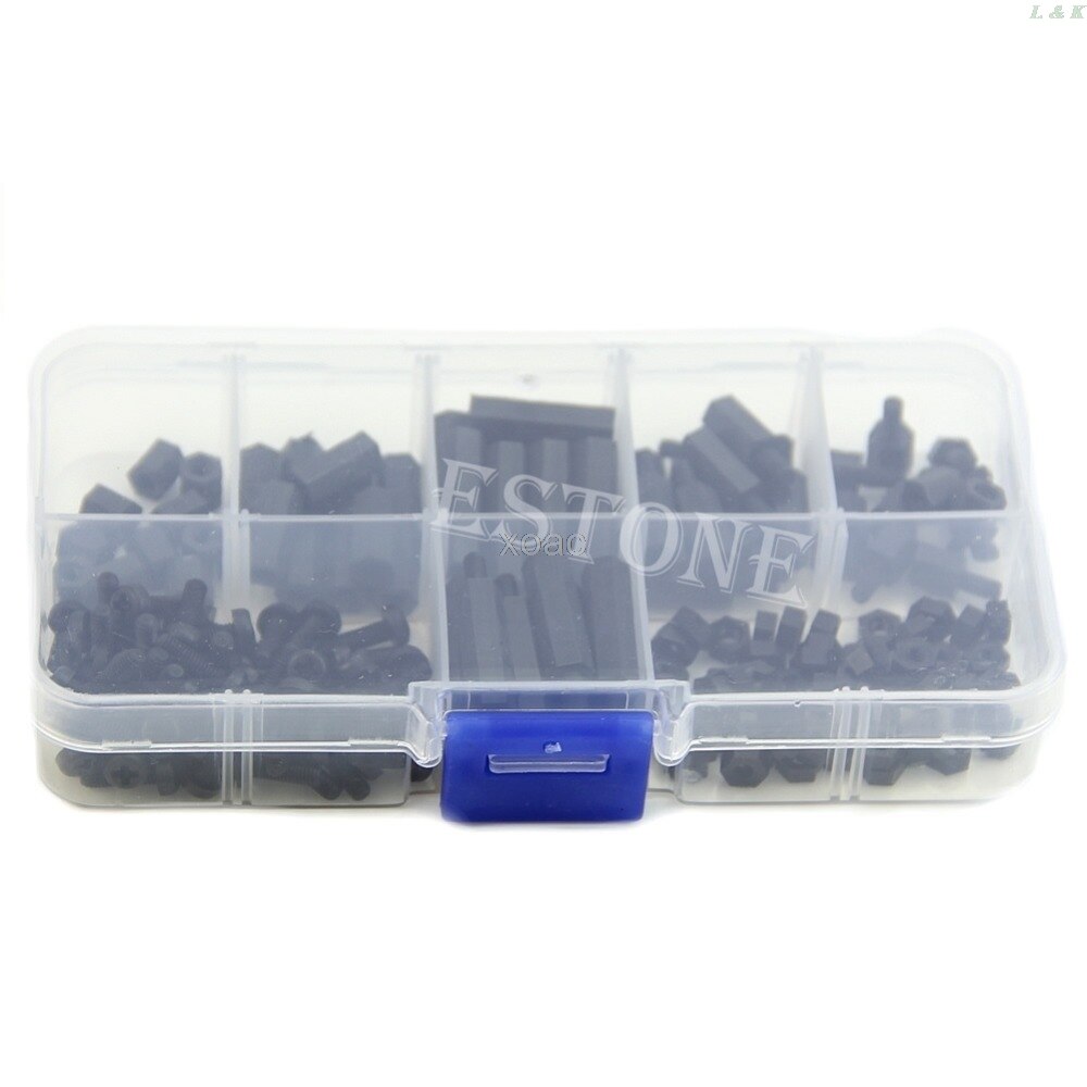 160 Uds M3 Nylon negro M-F Hex bola Kit surtido de tuercas de tornillo de soporte de caja de juego de M08