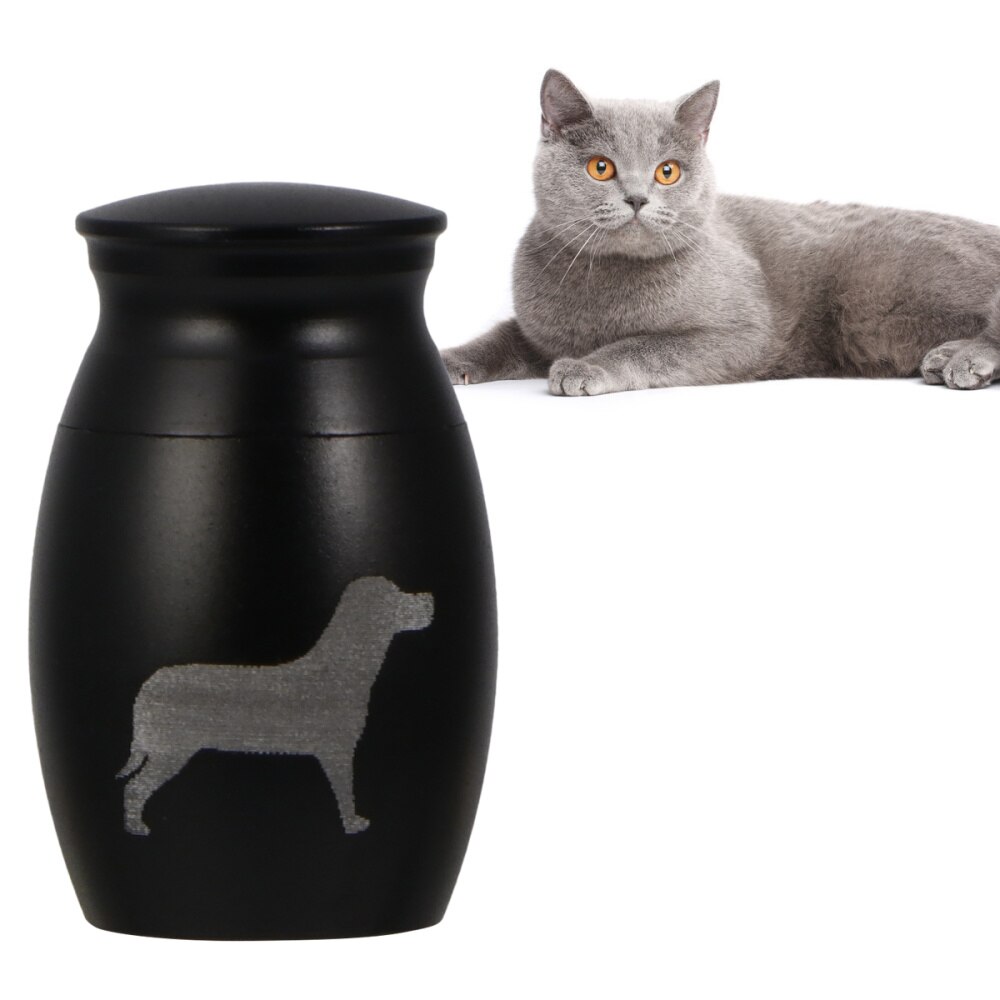 Pet Stainless Steel Cinerary Funerary Urn Jar Animal Printed Urn Container with Opening Screw Lid (Black)