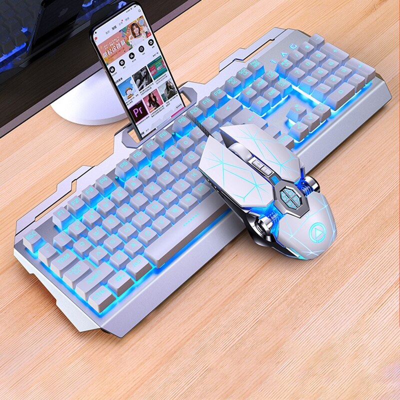 104Keys RGB Aluminum Alloy Gaming Keyboard and RGB Gaming Mouse Set with Mobile Phone Stand Function Key Ten Million Key Life