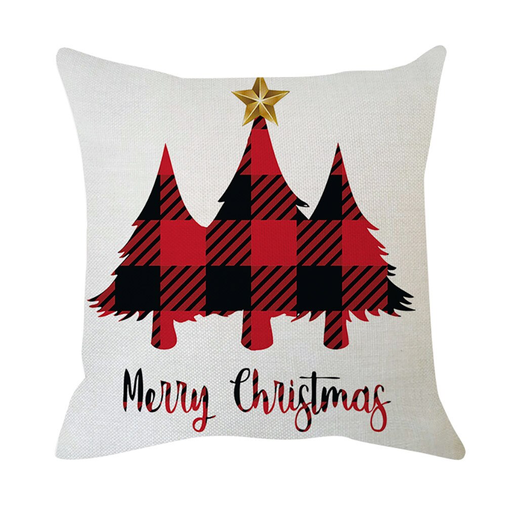 1 ud. Navidad dibujo de cuadros rojo ciervo árbol de Navidad cojín de decoración de sofá algodón Lino funda de almohada cojín hogar sala de estar