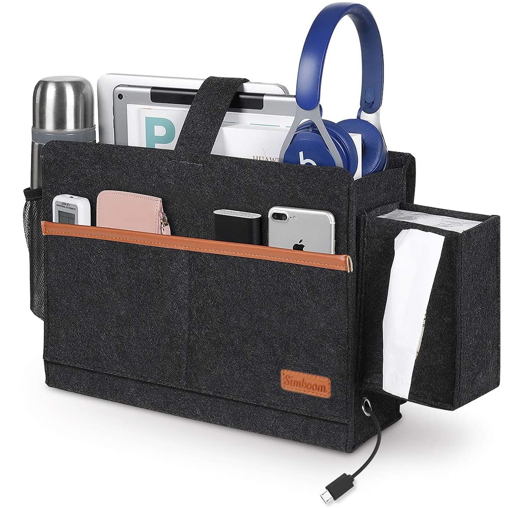 Felt Hanging Storage Bag with Tissue Box and Water Bottle Holder, Bedroom Sofa Organizer Bag for Books Pad Phone Chargers