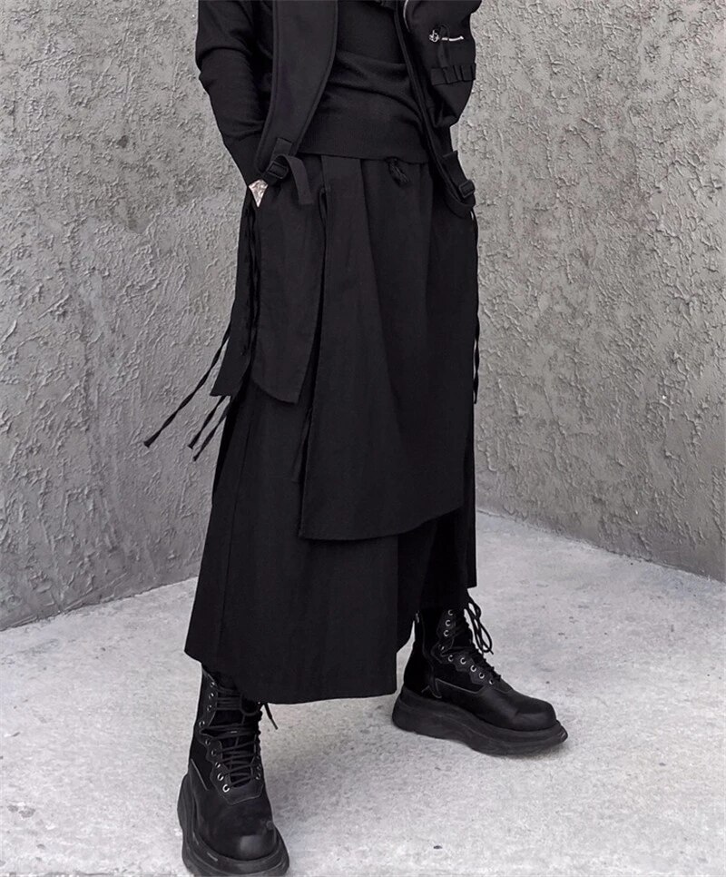 Pantalones de falda negra oscura para hombre, pantalón informal holgado de pierna ancha, de nicho, pantalones irregulares de nueve puntos