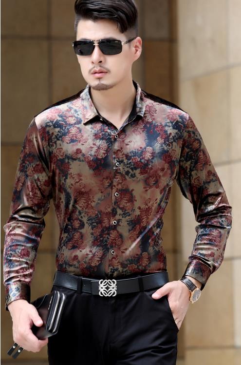 Høj mænds silke business kjole skjorte mandlig afslappet langærmet blomstret skjorter åndbar velour blød tynd herre skjorte m -3xl: Xl