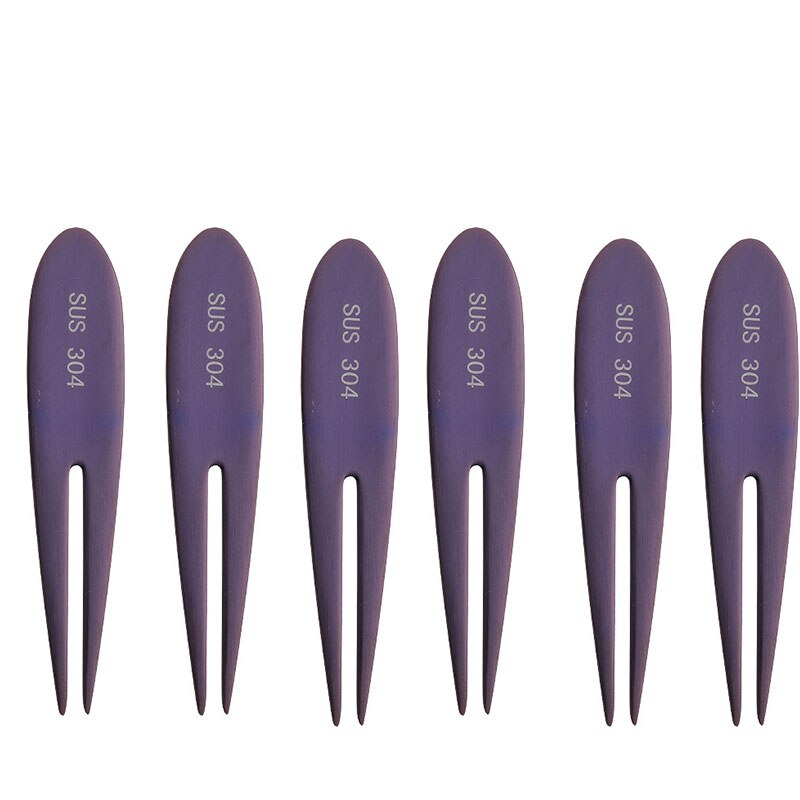 6 pz forchetta da frutta in acciaio inossidabile torta d'oro dolce Picke bella mini forchetta utilizzata per la torta in festa lumaca forcella regalo ristorante: 6pezzi viola