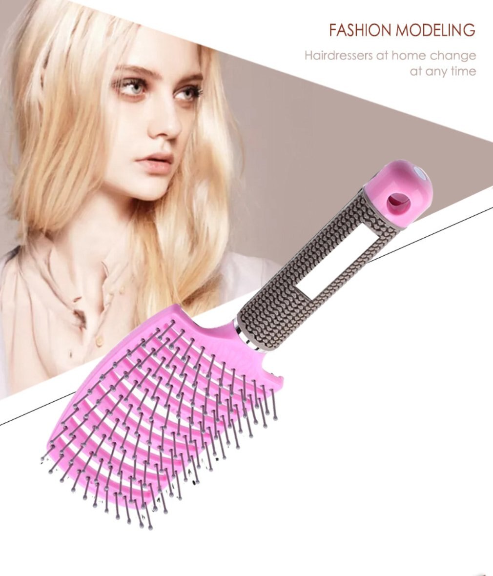 Large Curved Comb Ribs Comb Pig Bristle Anti-static Bending Massage Comb Nine Rows Comb Shape Curly Plastic Smooth Hair Comb: pink