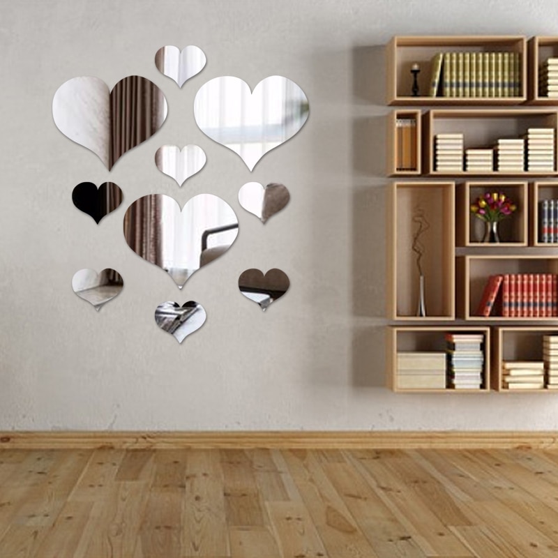 10 stk akryl sliver kærlighed hjerte spejl klistermærker 3d kærlighed hjerter spejl klistermærke mærkat moderne hjem væg kunst diy dekorativt spejl