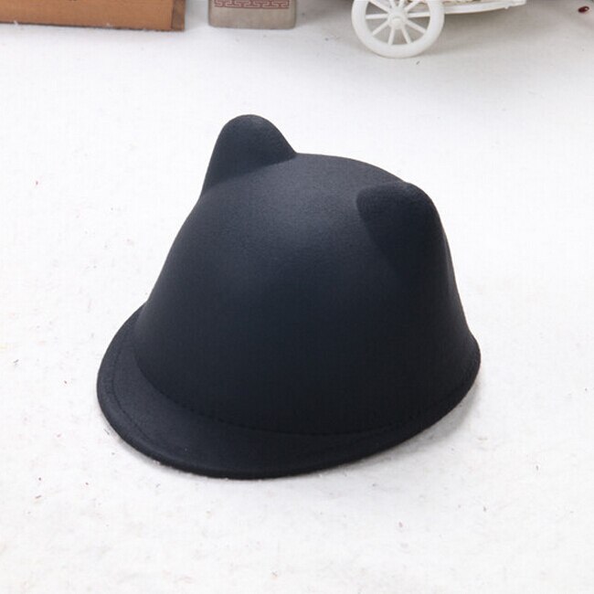 Gorro redondo cálido de lana con orejas de gato para niña y mujer, gorro de lana con orejas de gato, sombrero de Diablo, sombrero de fieltro Retro, Derby Bowler Horse, sombreros de ,: Negro