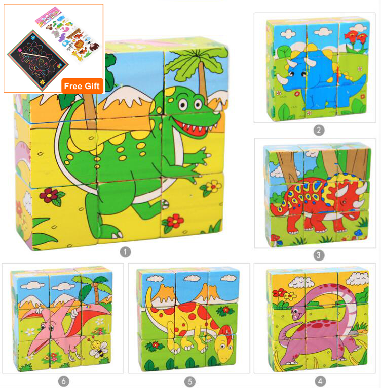 1pc Nine Blocks Six-sided 3D Jigsaw Cubes Puzzlesd Wooden Toys For Children Kids Educational Toys Funny Games GYH: Dinosaur 1TZ1GGH