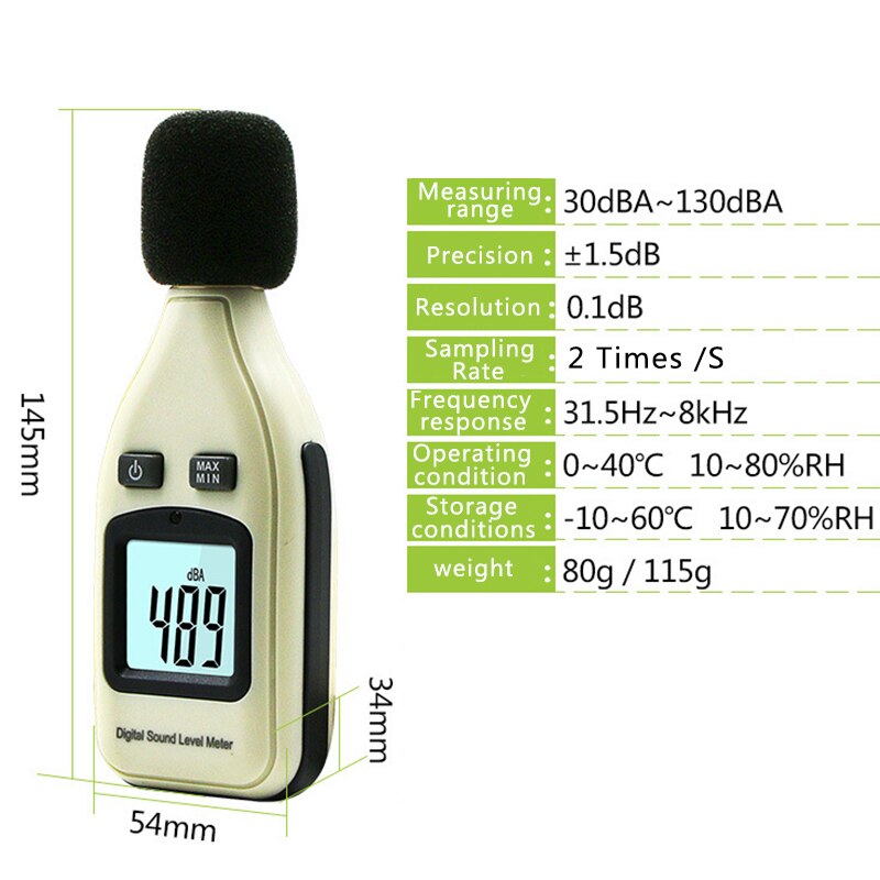 Digital Sound Level Meter 30-130dB Decibel Meter Noise Volume Monitoring Detector