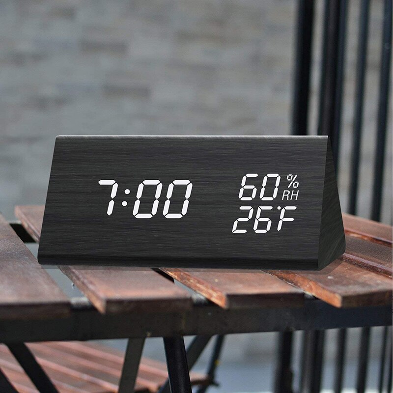 Digital Alarm Clock Wooden Electronic LED Time Display Humidity Temperature Detect Wood Made Electric Clocks for Bedroom Bedside: Black