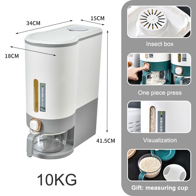 10KG Verzegelde Graan Container - Rijst Opslag Doos Met Dispenser Grijs Wit