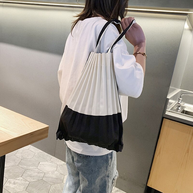 Fggs-Japanse Stijl Plooien Behagen Casual Tote Bag Canvas Grote Capaciteit Me Schoudertas Issey Verticale Pleats Miya snoep Kleur B