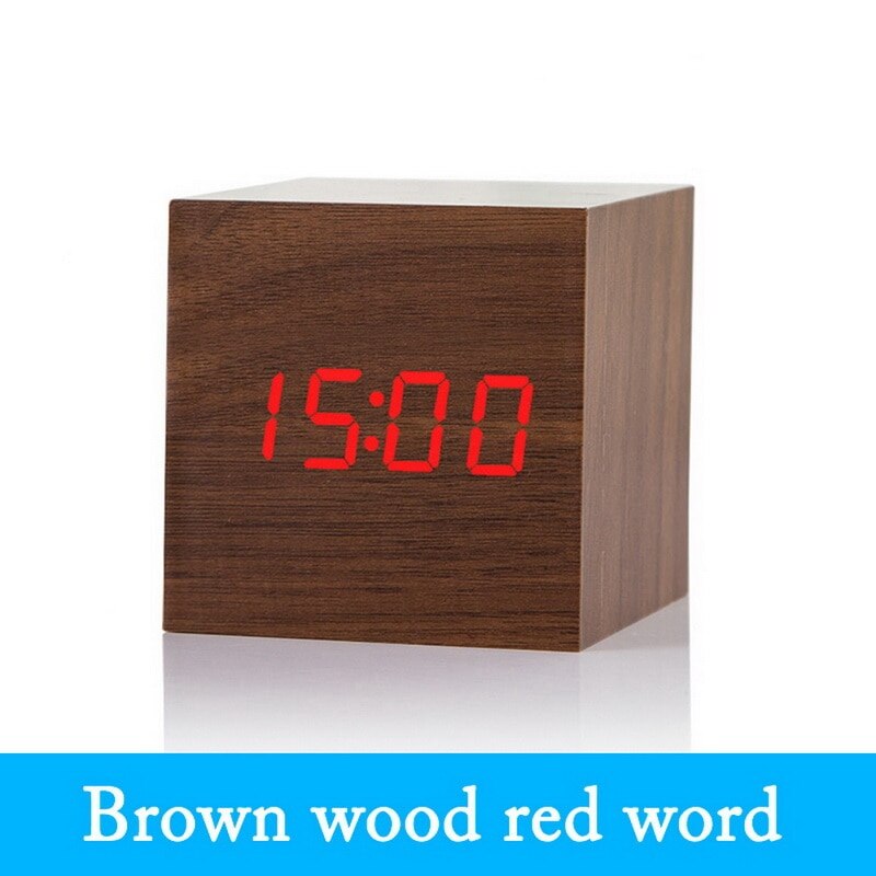 Kleine Quadrat Digitale Holz LED Wecker Holz retro glühen Uhr Schreibtisch Tabelle Dekor Stimme Kontrolle Schlummern Funktion Schreibtisch Werkzeuge: G250503