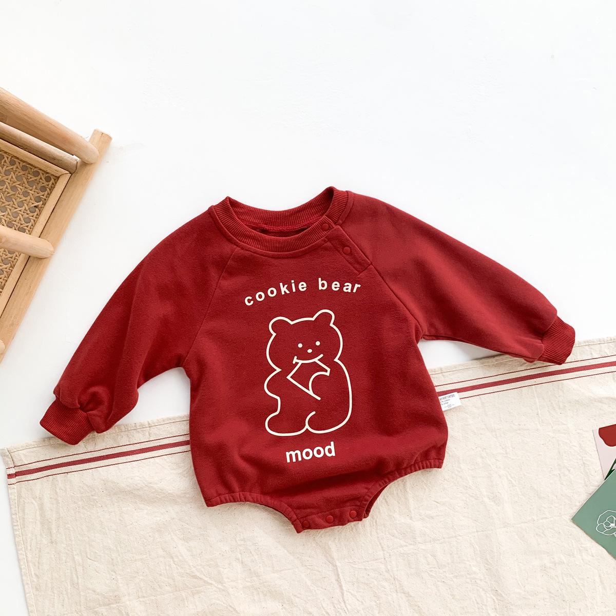 2022 Herfst Pasgeboren Baby Jongens Cartoon Bodysuit Beer Print Lange Mouwen Leuke Effen Kleur Jumpsuit Infant Meisjes Een Stuk Kleding: red / 24M