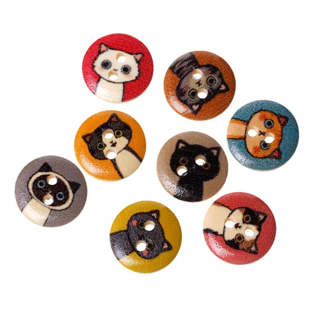 Hout Naaien Scrapbooking Knop Ronde Willekeurig Twee Gaten Kat Patroon 15mm Dia, 20 PCs