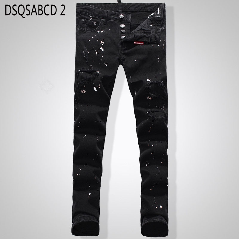 Style européen américain hommes Denim jean célèbre droite fermeture éclair mince noir trou jean crayon pantalon pour hommes