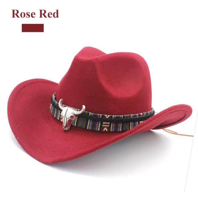 Sombrero vaquero de estilo étnico para hombre y mujer, sombrero de estilo vaquero, , Color sólido, con decoración en forma de toro, estilo occidental: Wine Red
