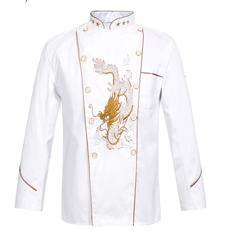 Chaqueta de manga corta con bordado de dragón para hombre y mujer, uniforme de cocinero, ropa de trabajo de cocina, malla de retales, transpirable, servicio de comida, Chef, novedad: Long sleeve top / XXL