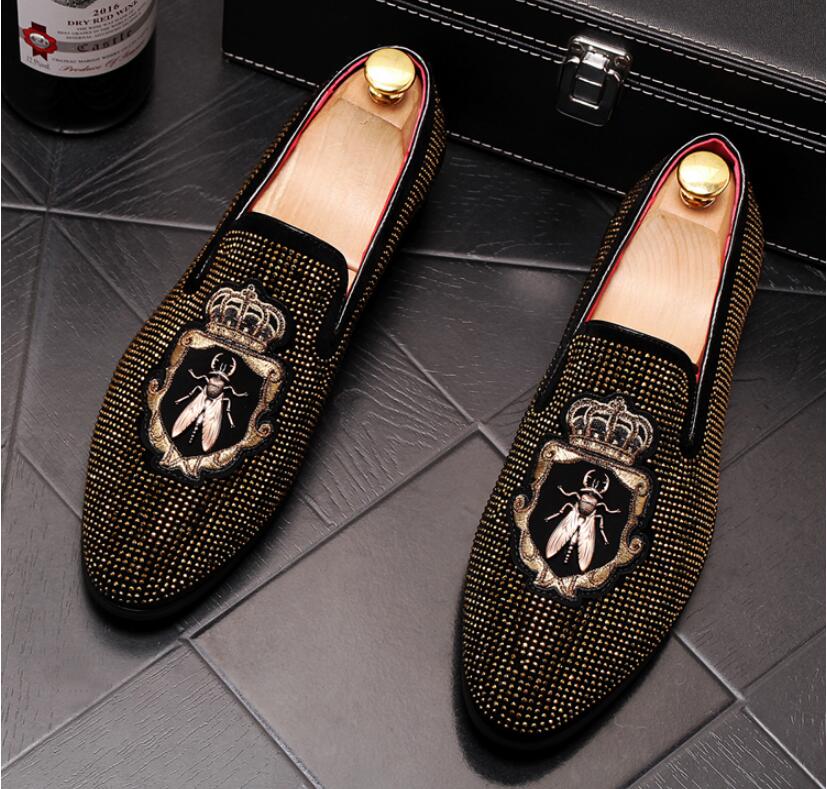 Guld topp och metall tå herr sammet strass klänning skor italienska herr klänning skor handgjorda loafers