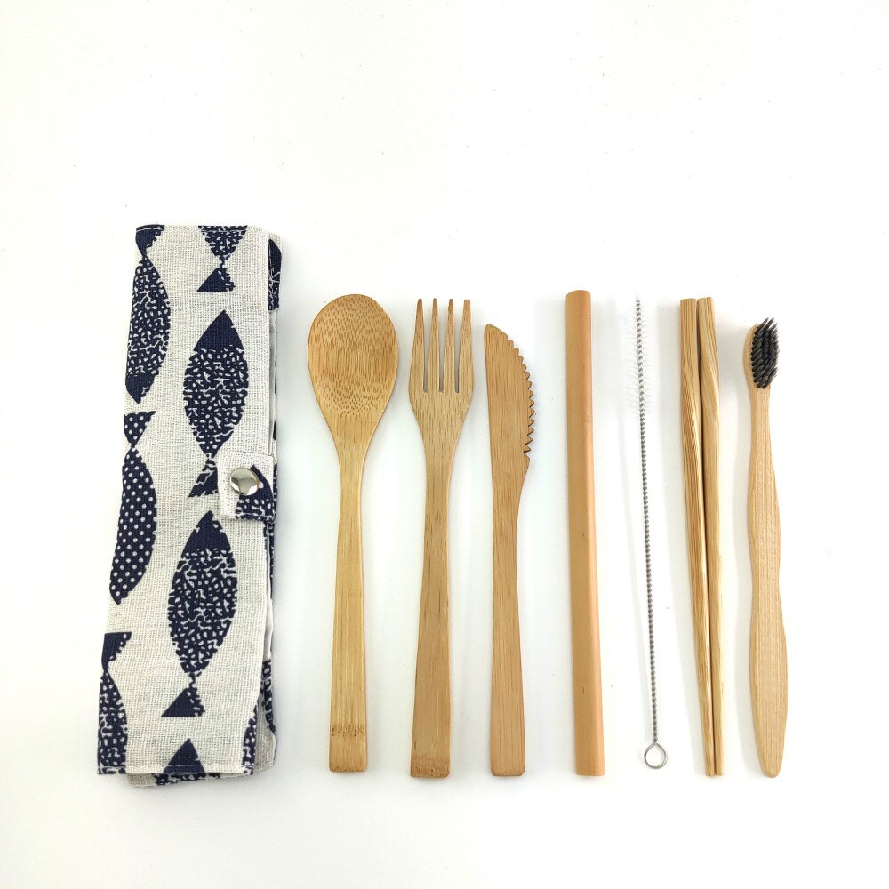 Eco Friendly Bamboo Cutlery Set of Wooden Utensils with Reusable Bamboo Spoon, Fork, Knife,and Reusable Straw Cleaner For Travel: 1254-G-1