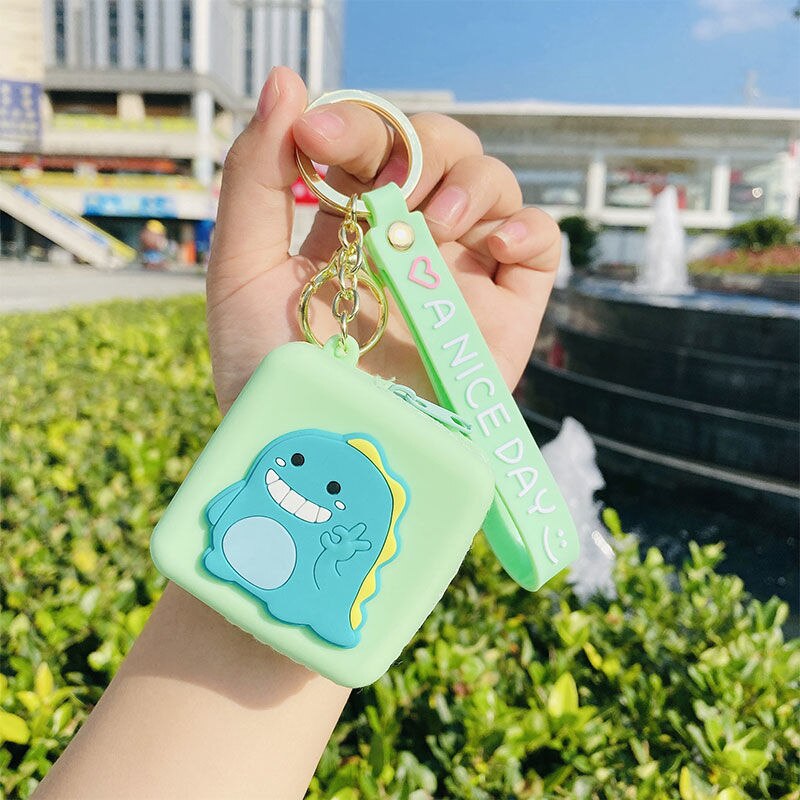 Heart-shaped Coin Purse Mini Silicone Animal Coin Purse Women Key Bag Coin Purse Kids Headset Bag Key Chain Ring: Green dinosaur