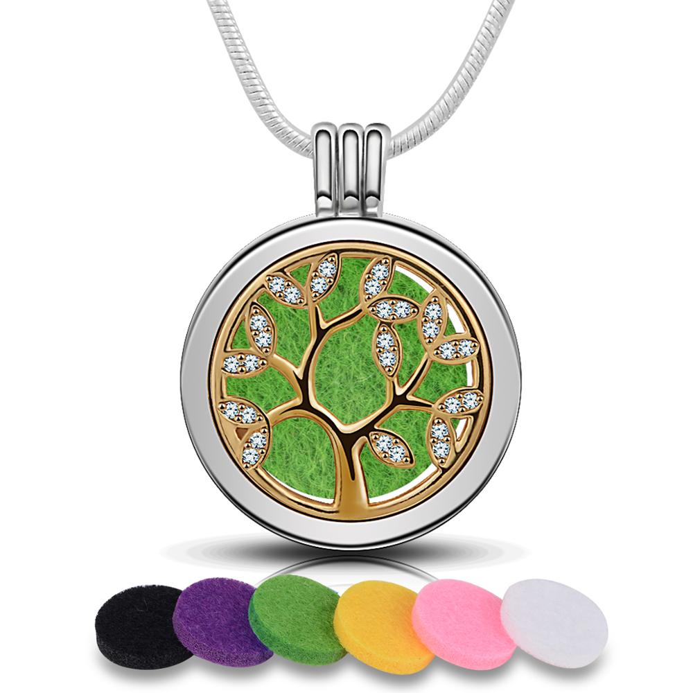 Eudora 20mm Tree of Life Aromatherapy Necklace round Open Perfume Locket Essential Oils Diffuser Necklace Aroma Jewelry