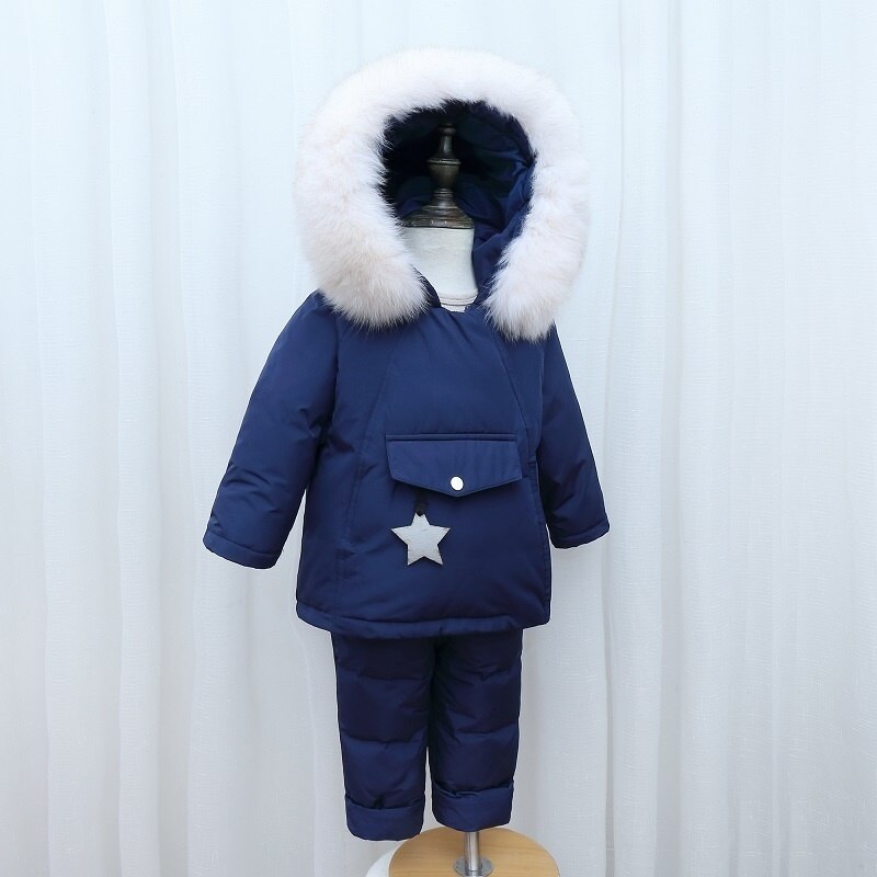 Crianças inverno quente para baixo jaqueta macacão crianças da criança do natal menina menino roupas casaco calças parka bebê macacão conjuntos de roupas: White Navy Blue / 12M-18M 70