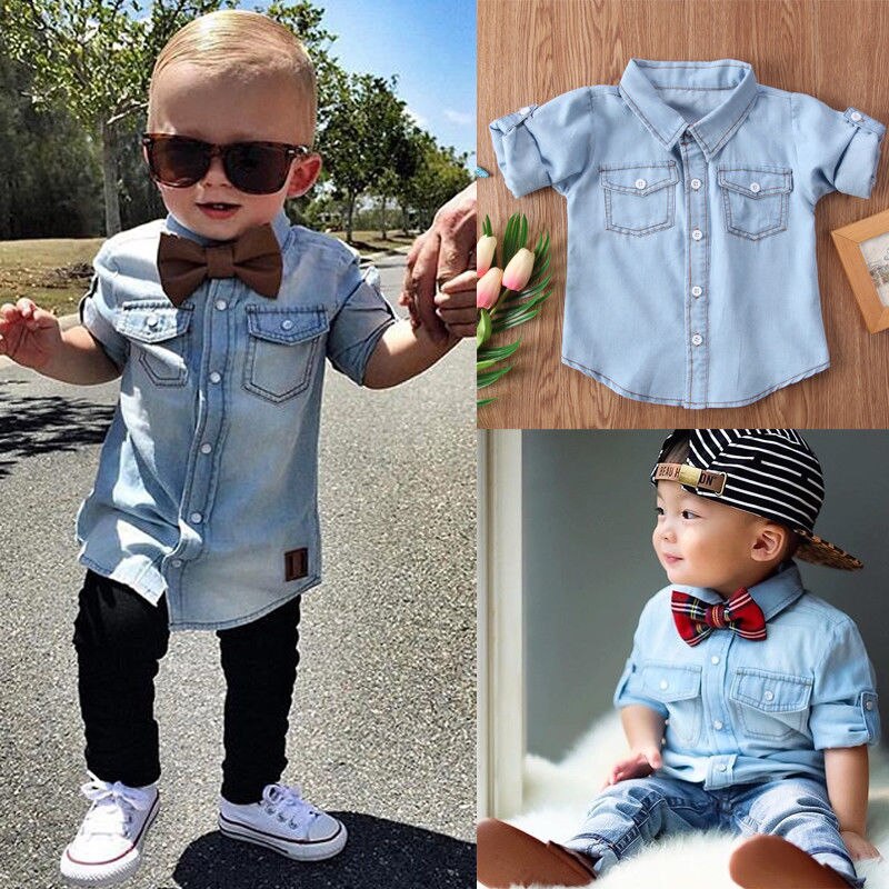 Baby Jongens Meisjes Effen Kleur Shirt Verstelbare Mouwen Button Down Denim Blouse Casual Top