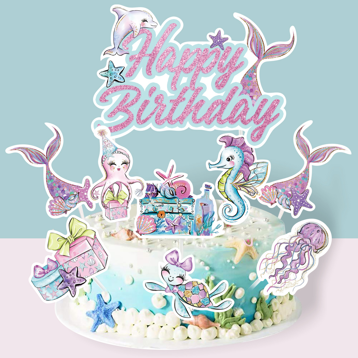 Merenneito-teemainen syntymäpäiväkakun koriste merenneidon pyrstö hyvää syntymäpäivää kakun koriste syntymäpäiväkakkuun vauvakutsujen juhlatarvikkeet