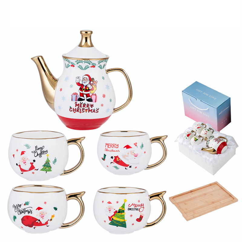 Weihnachten Serie Tee-einstellen Keramik Teekanne Wasser Tasse einstellen mit Tablett Santa Claus Tee-einstellen Tee Tasse einstellen Wohnzimmer haushalt Getränk
