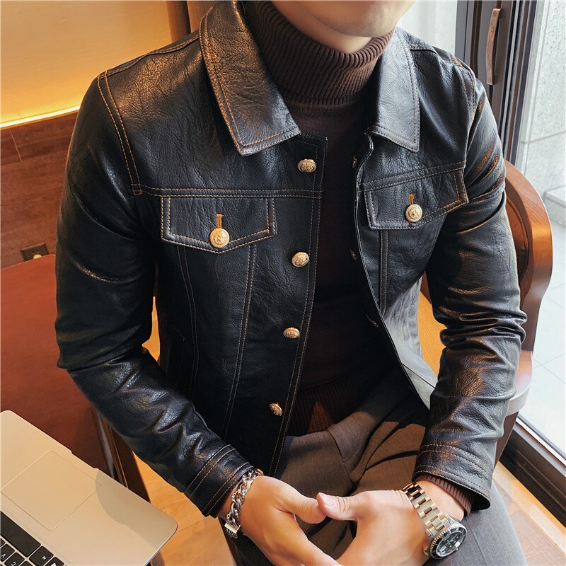 Men's Korea Style Slim Fit Leather Blazer for Nightclub Stage Singers Costume<br>