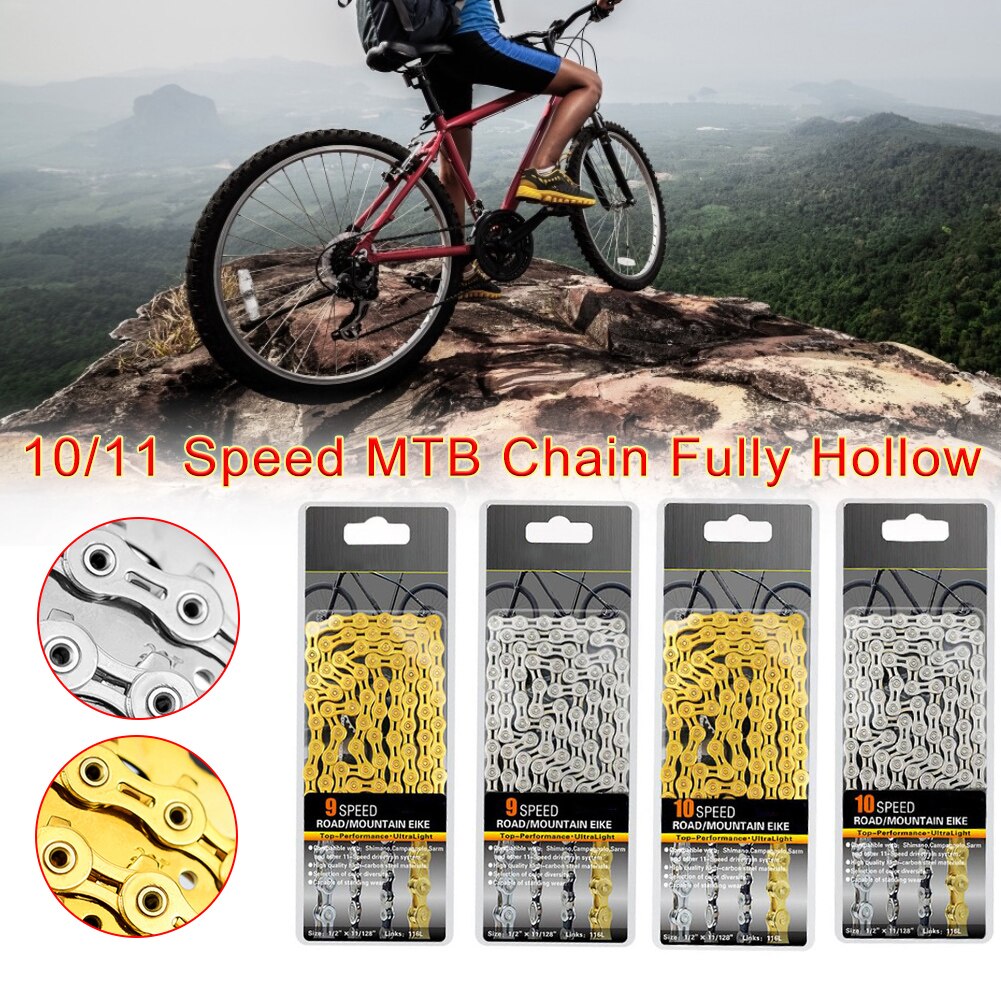 10/11 Speed Bicycle Chain Full Hollow Bicycle Chain Mountain Road Bike Hollow Chain Ultra Light 116L Gold Silver
