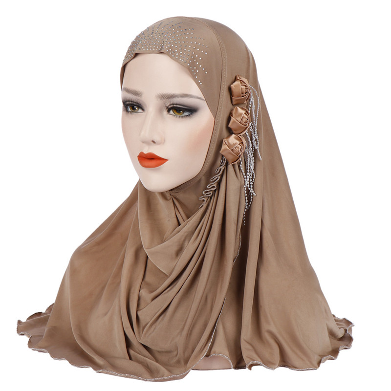 Malaysia muslim hijab tørklæde solid bomuld blomst diamant sjal kvinder tørklæde klar til at bære hijab musulman femme foulard: 3