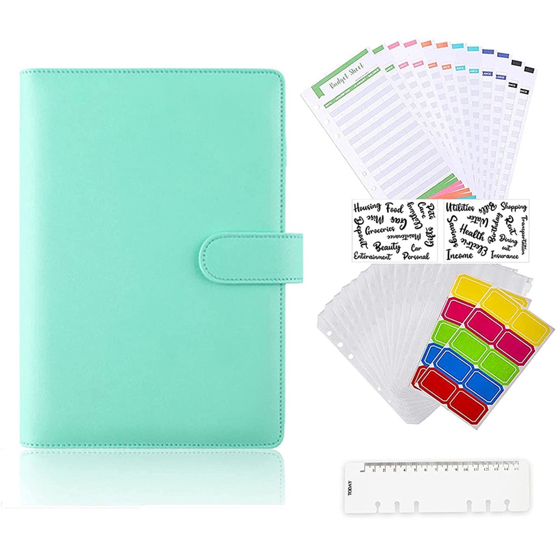 A6 Notebook Binder Budget Planner Organizer 6 Ring Binder Cover,Binder Pockets,Expense Budget Sheets Sticking Ruler: Green