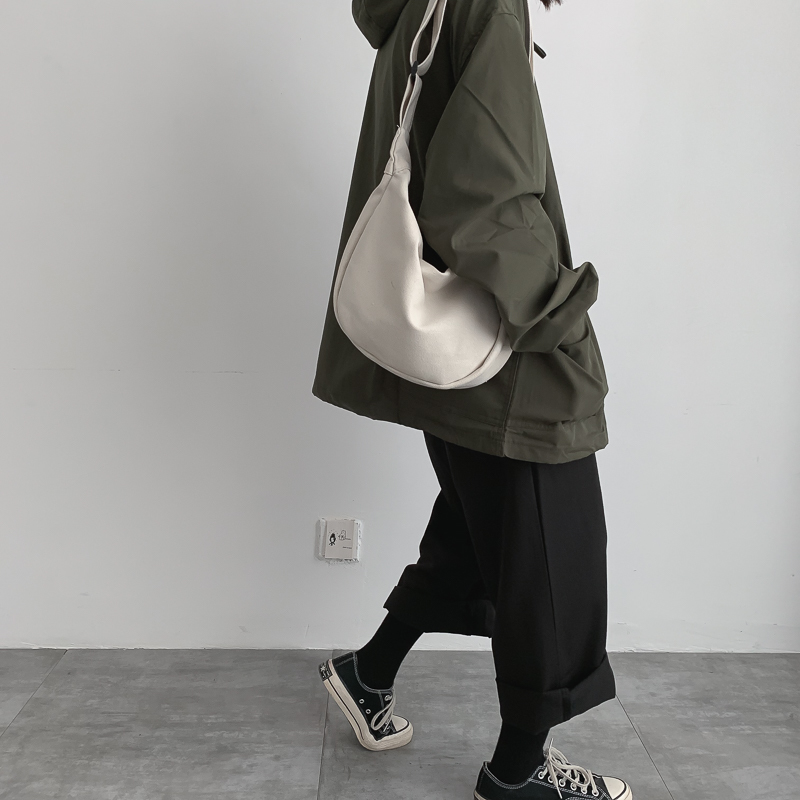[BXX] solide couleur toile Crossbody Dumplings sacs pour femmes Simple décontracté messager sac à bandoulière femme sacs à main HK126: White