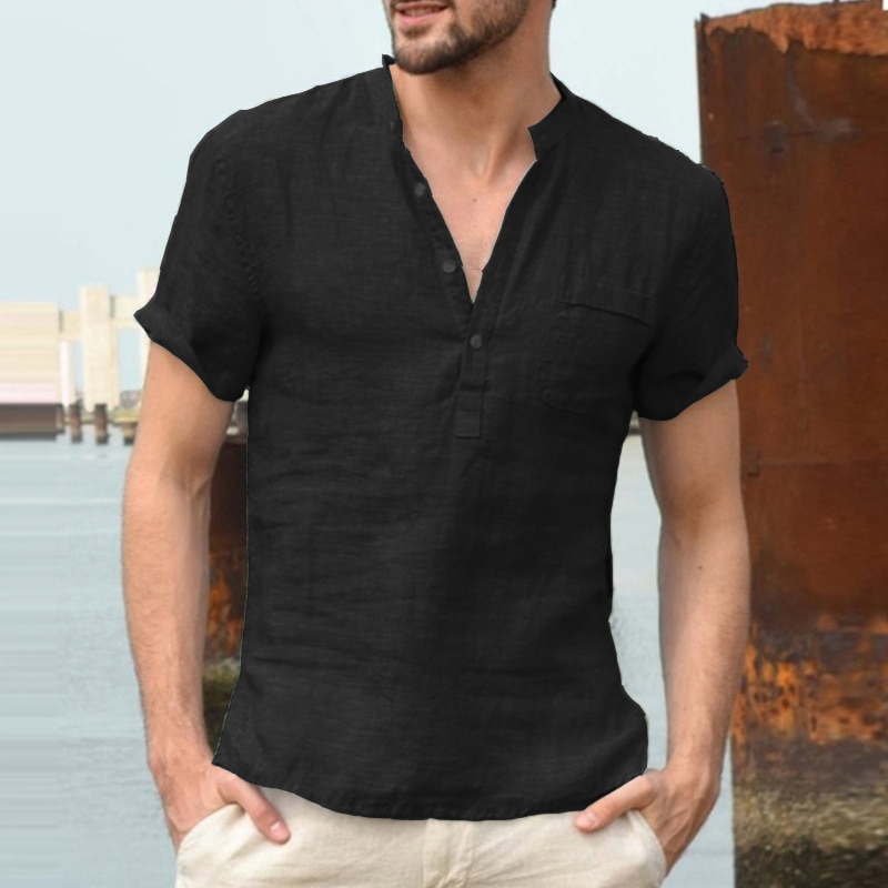 Linneskjortor herr sommar kortärmad henley skjorta chemise homme skjorta med lös knapp som andas solida herrskjortor med ficka