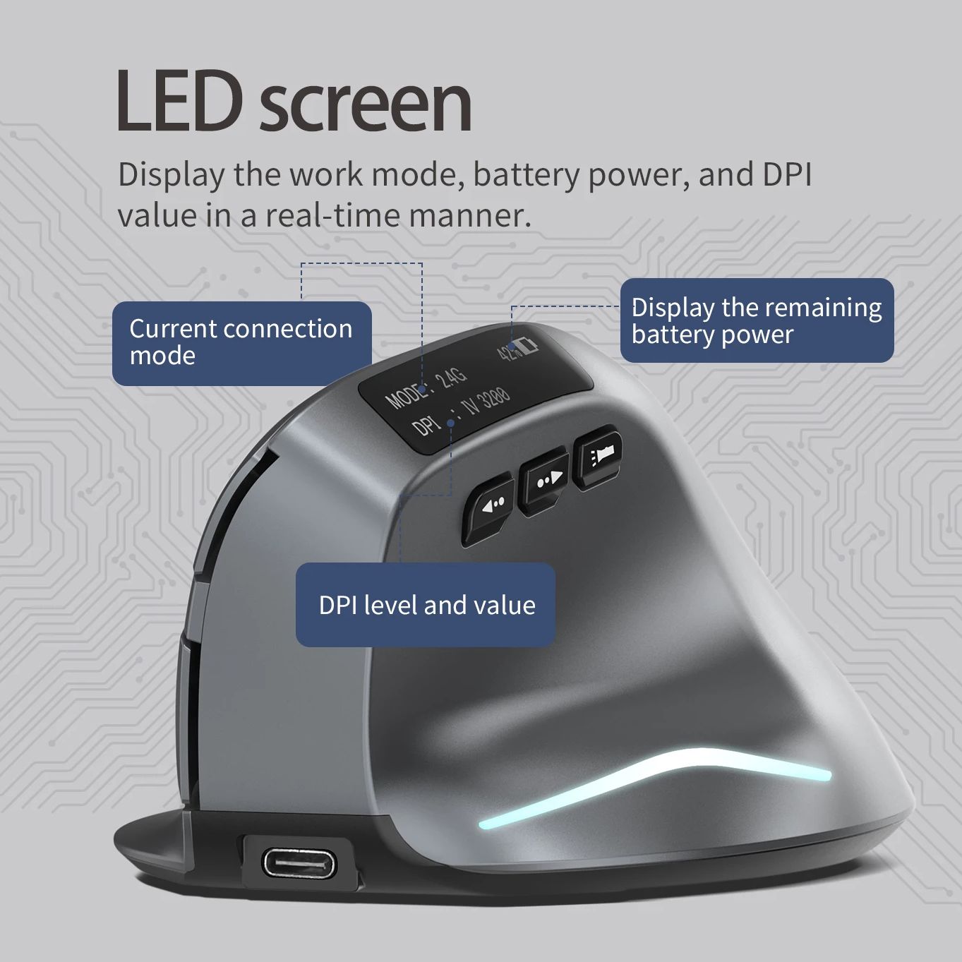 Pionowa mysz Bluetooth Lefon Bezprzewodowe myszy ergonomiczne z ekranem OLED RGB Optyczna mysz USB z akumulatorem do gier na laptopach PC