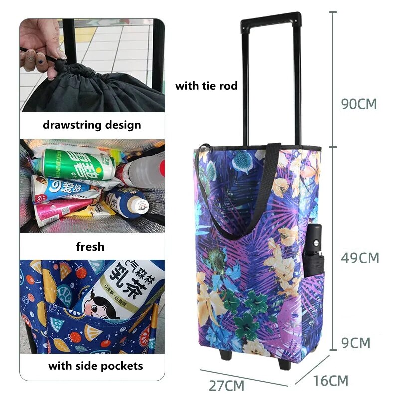 Kleine Pull Winkelwagen Carrying Boodschappentas Outdoor Camping Opvouwbare Trolley Thuis Winkelen Trailer De Markt: Drawstring Purple