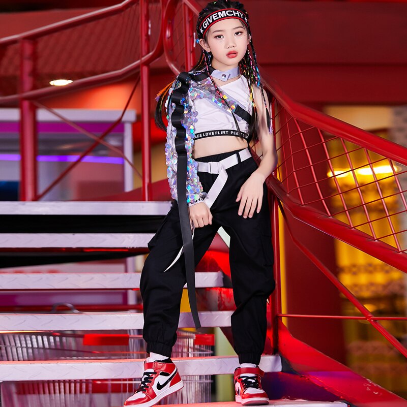 Children Hip Hop Street Dance Costumes Girls' Jazz Performance Clothing Modern Dancer Outfit Sequins Shawl Top DNV13759